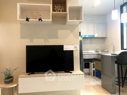 Modern living room with open kitchen layout and stylish decor