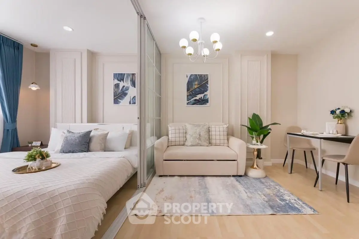 Elegant modern living room with cozy bedroom and stylish decor