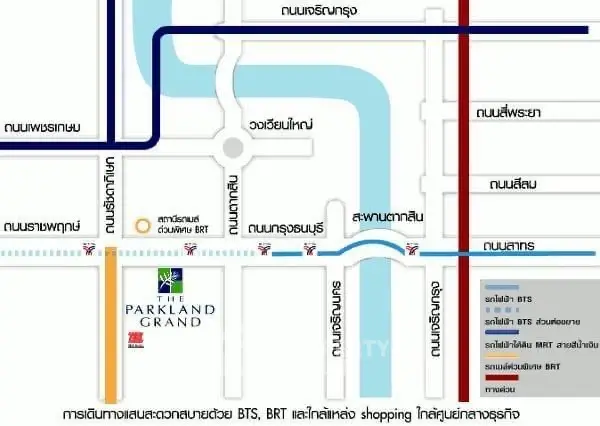 Map showing The Parkland Grand location near BTS and BRT stations in Bangkok.
