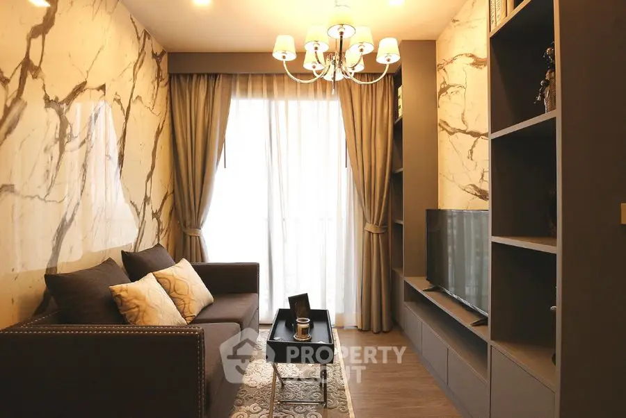 Luxurious living room with elegant marble walls and modern decor
