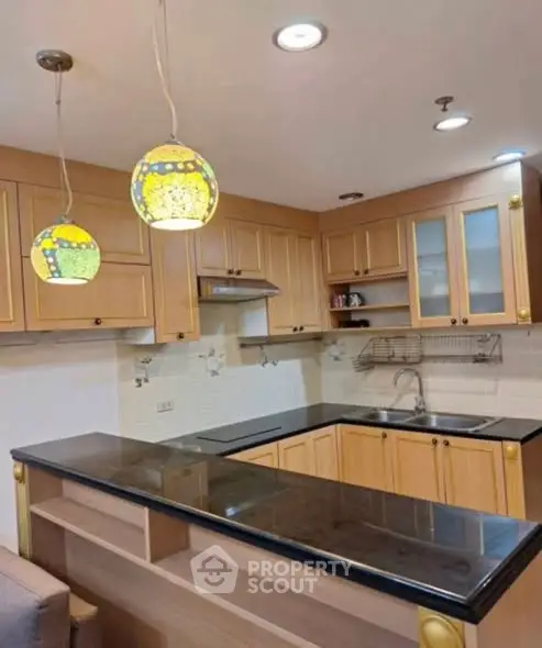 Charming kitchen with wooden cabinets and modern pendant lights, perfect for culinary enthusiasts.