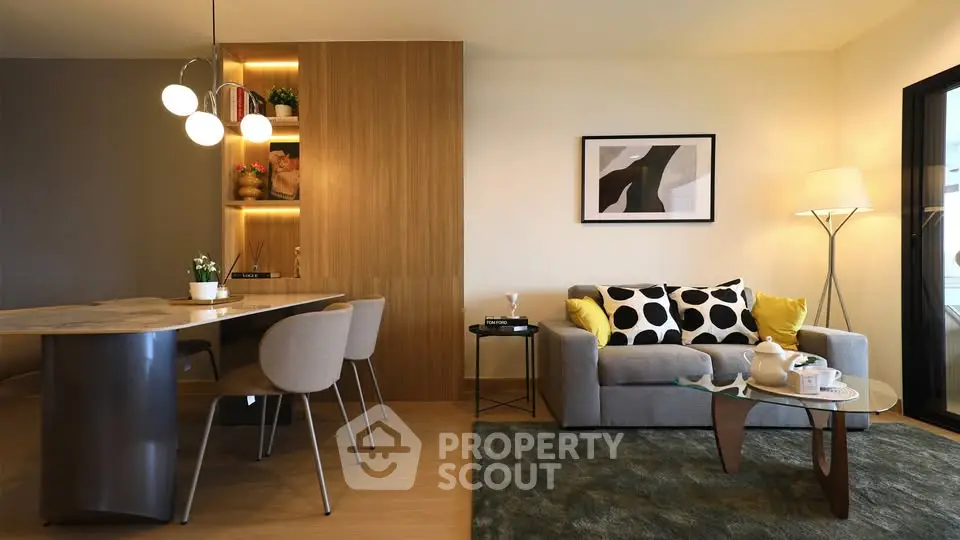 Modern living room with stylish decor and cozy seating area