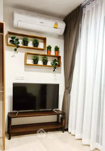 Modern living room with air conditioning, TV, and stylish plant decor on shelves.