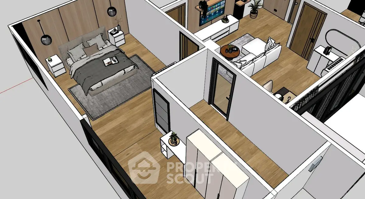 Modern apartment digital render with bedroom and living room layout