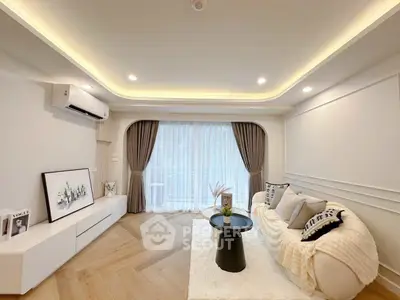 Elegant living room with modern decor and ambient lighting