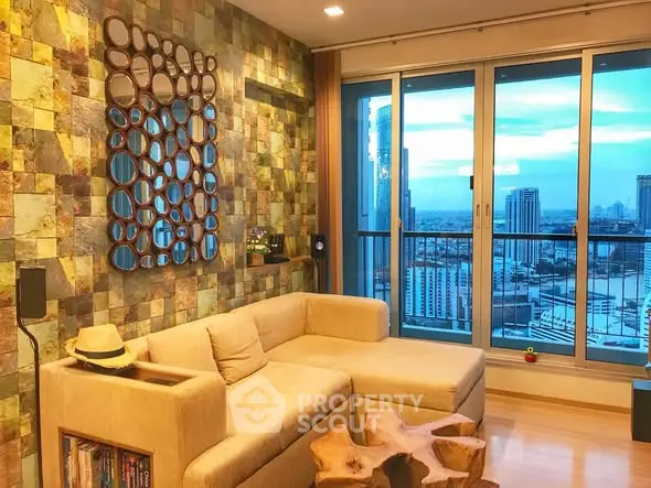 Stylish living room with unique wall decor and stunning city view from large windows.