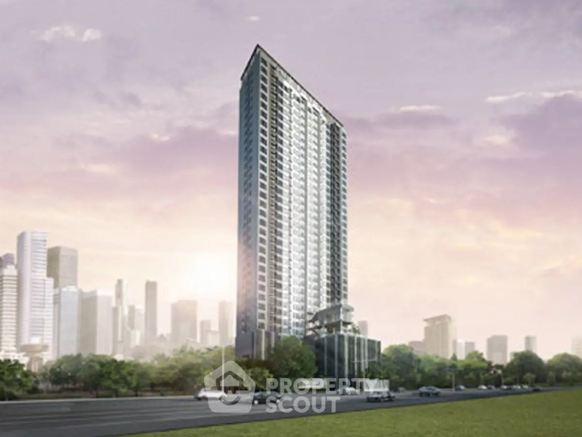 Stunning high-rise building with modern architecture in urban skyline, perfect for luxury living.