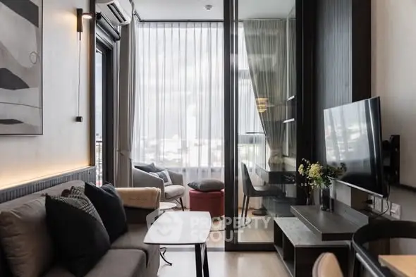 Modern living room with balcony view and stylish decor