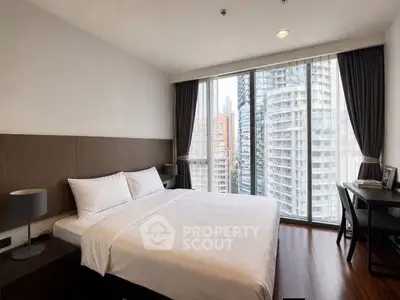 Luxurious bedroom with city view, featuring a large bed and modern decor, perfect for urban living.