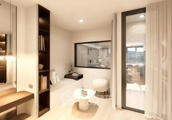 Modern living room with stylish decor and large window offering natural light.