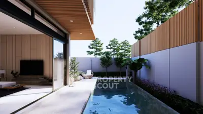 Luxurious modern home with private pool and stylish outdoor seating area.