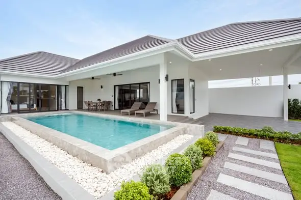 Luxurious modern villa with private pool and spacious outdoor area, perfect for relaxation and entertainment.