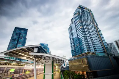 Stunning urban skyline with modern high-rise buildings and transit station