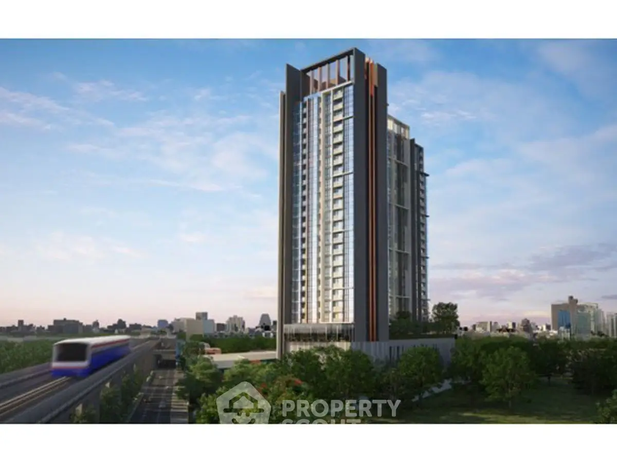 Stunning modern high-rise building with lush greenery and city skyline view.