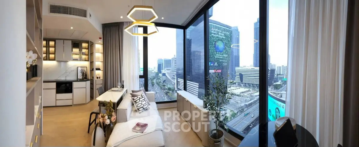 Luxurious modern living room with stunning city view and elegant decor