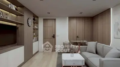 Modern living room with sleek wooden paneling and cozy seating area.