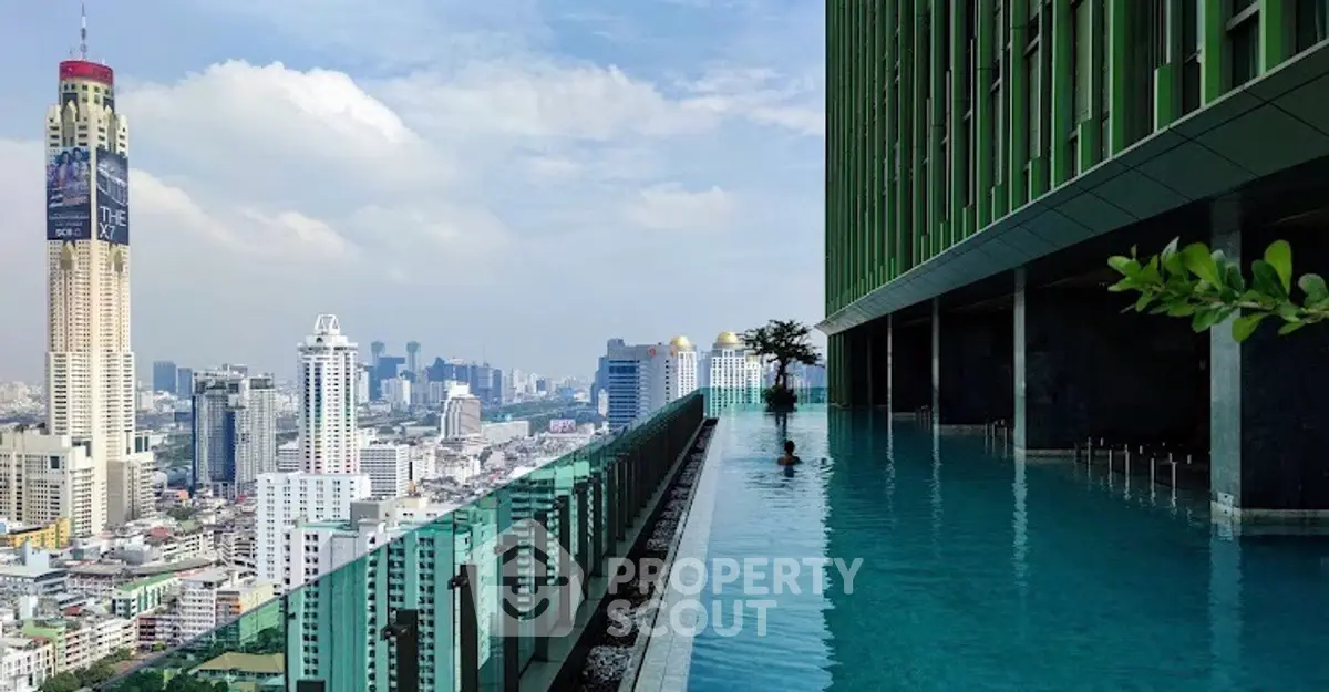Luxurious rooftop pool with stunning city skyline view, perfect for urban living enthusiasts.