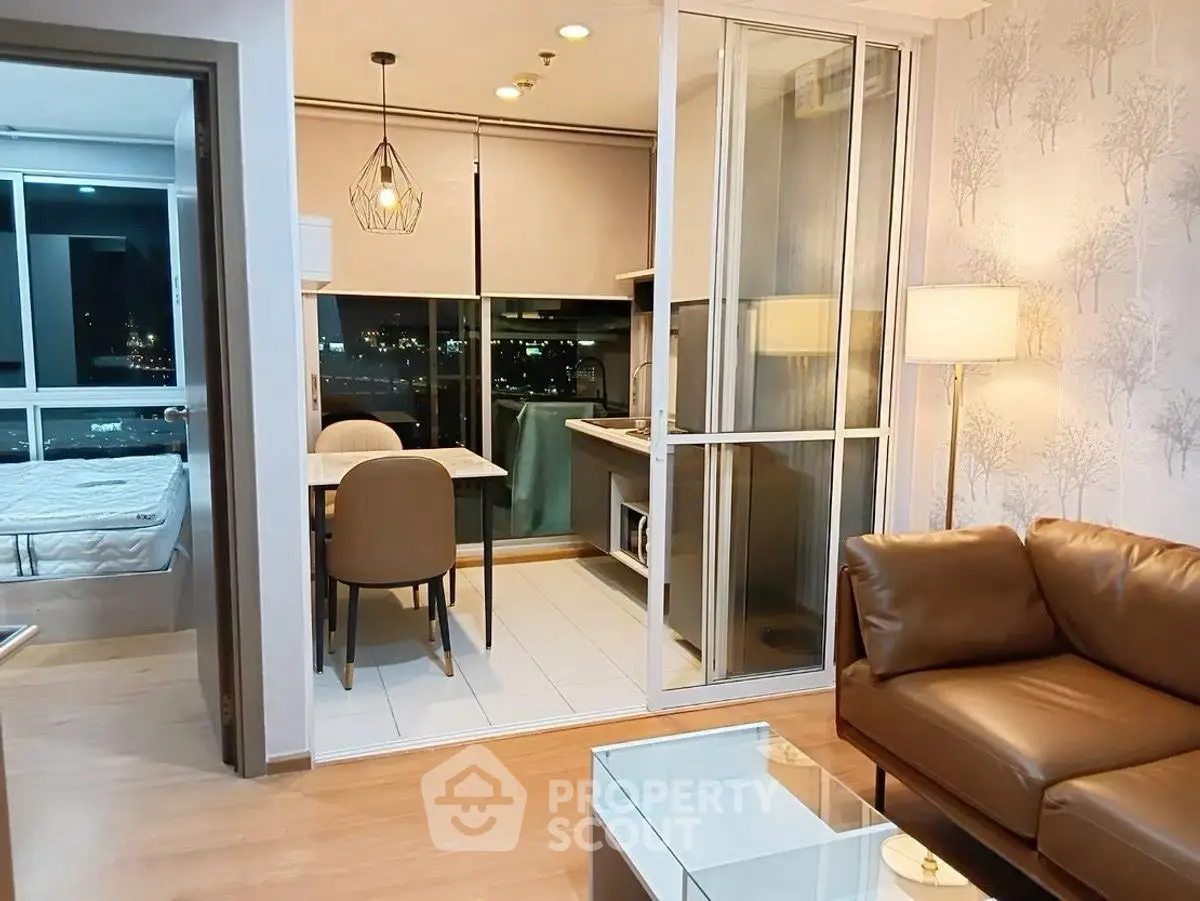 Modern apartment interior with cozy living room and stylish kitchen