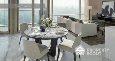 Luxurious high-rise apartment with open-plan layout featuring a sleek dining area and a spacious living room with panoramic city views, bathed in natural light.