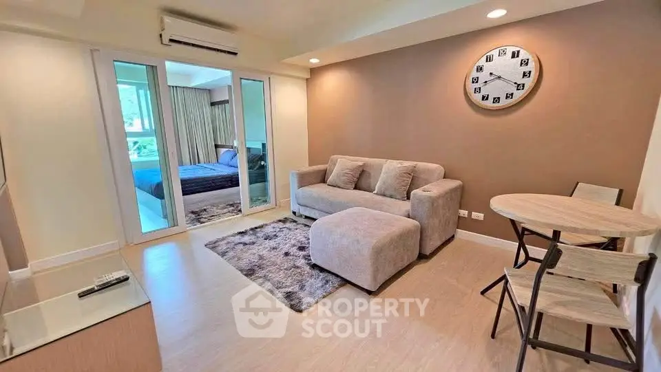 Modern living room with cozy sofa and stylish decor in a contemporary apartment