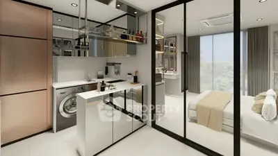 Modern studio apartment with sleek kitchen and cozy bedroom separated by glass partition.