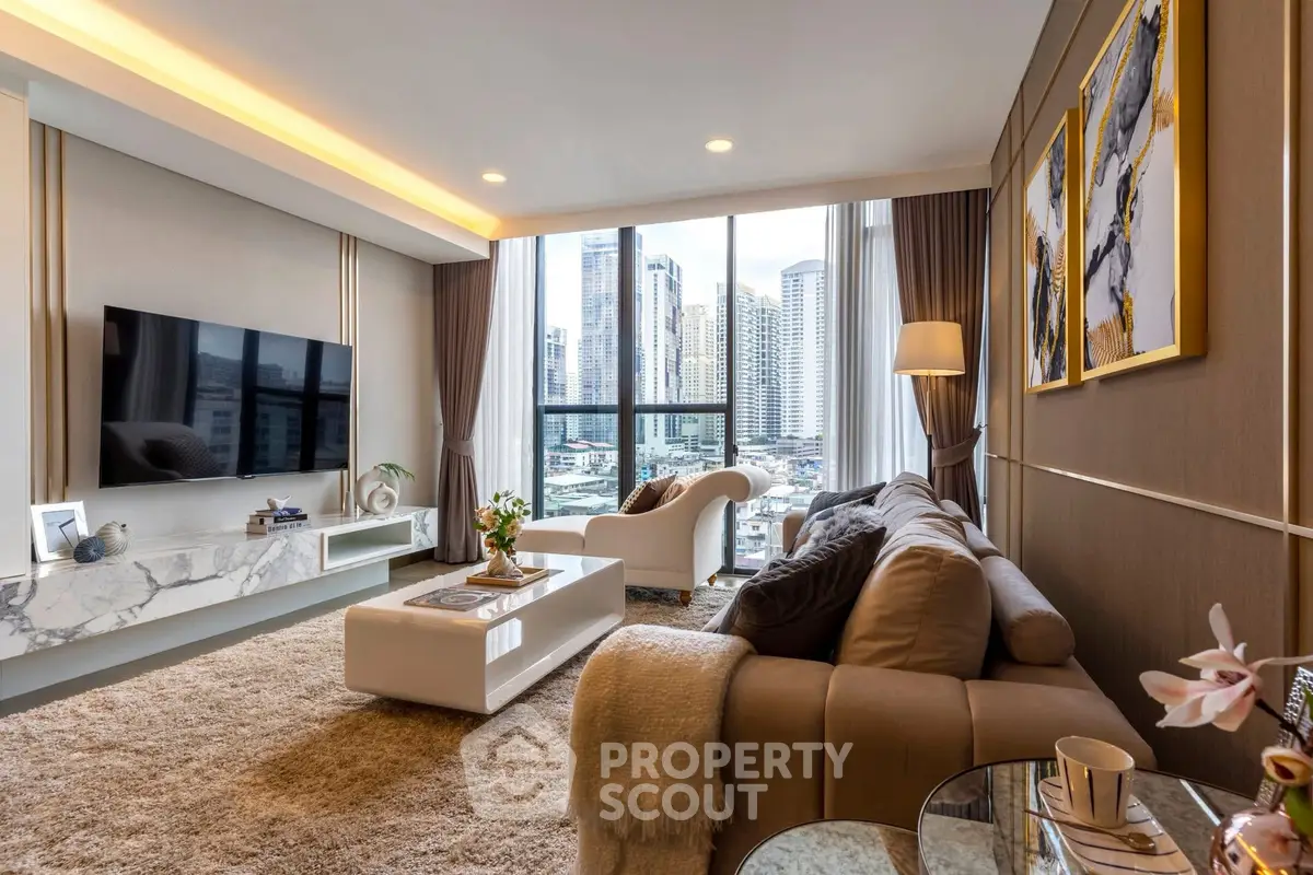 Luxurious living room with stunning city view, modern decor, and elegant furnishings in a high-rise apartment.