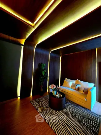 Luxurious modern living room with ambient lighting and elegant decor