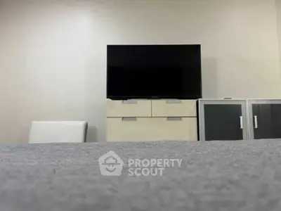 Modern living room with sleek TV setup and stylish storage units.