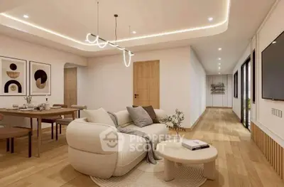 Spacious modern living room with elegant lighting and cozy seating area
