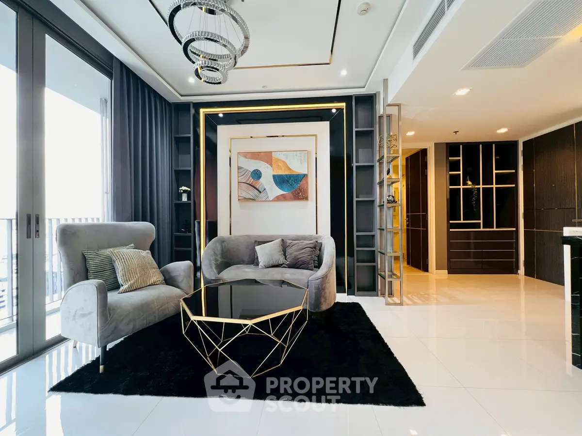 Luxurious modern living room with elegant decor and large windows