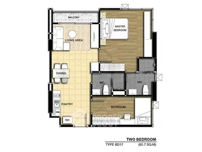 Spacious two-bedroom apartment floor plan with balcony and modern amenities.