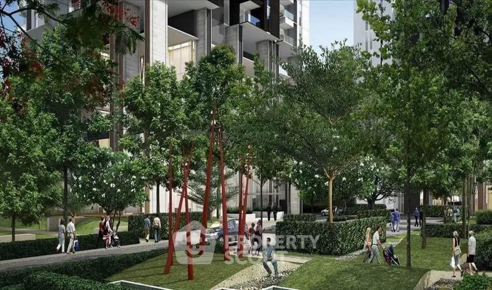 Modern residential building with lush green garden and walking paths