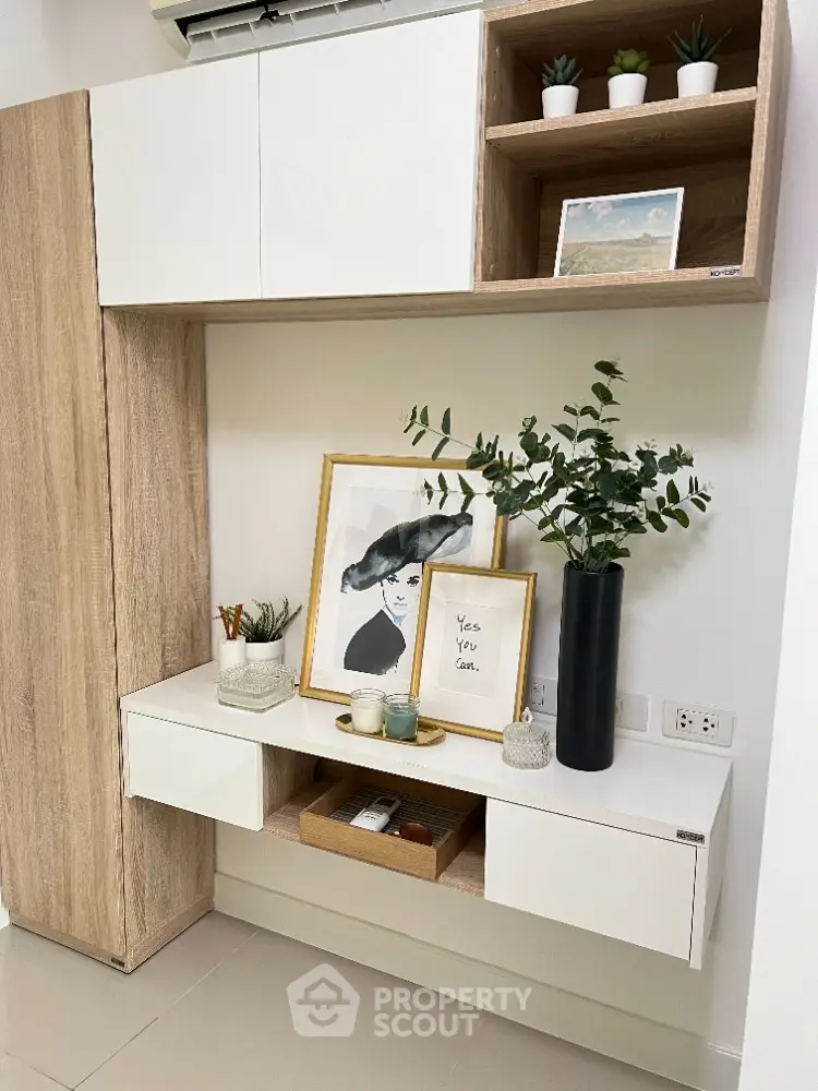 Stylish modern interior with wall-mounted storage and decorative plants
