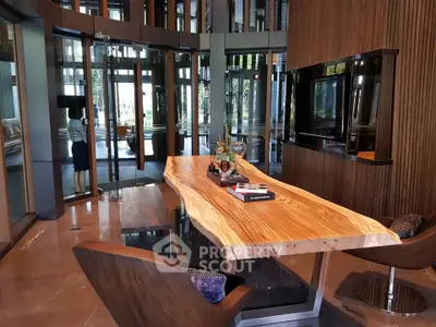 Luxurious modern study with natural wood table and sleek design elements