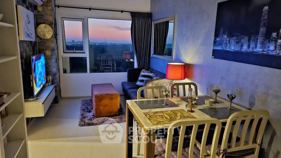 Charming living room with city view, cozy seating, and elegant dining area, perfect for urban living.