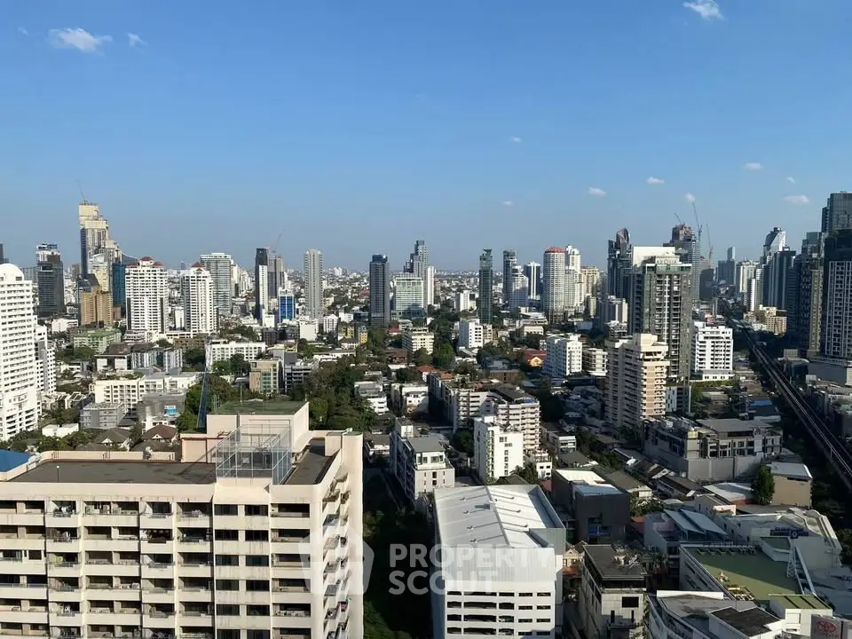Stunning cityscape view showcasing modern high-rise buildings under a clear blue sky.