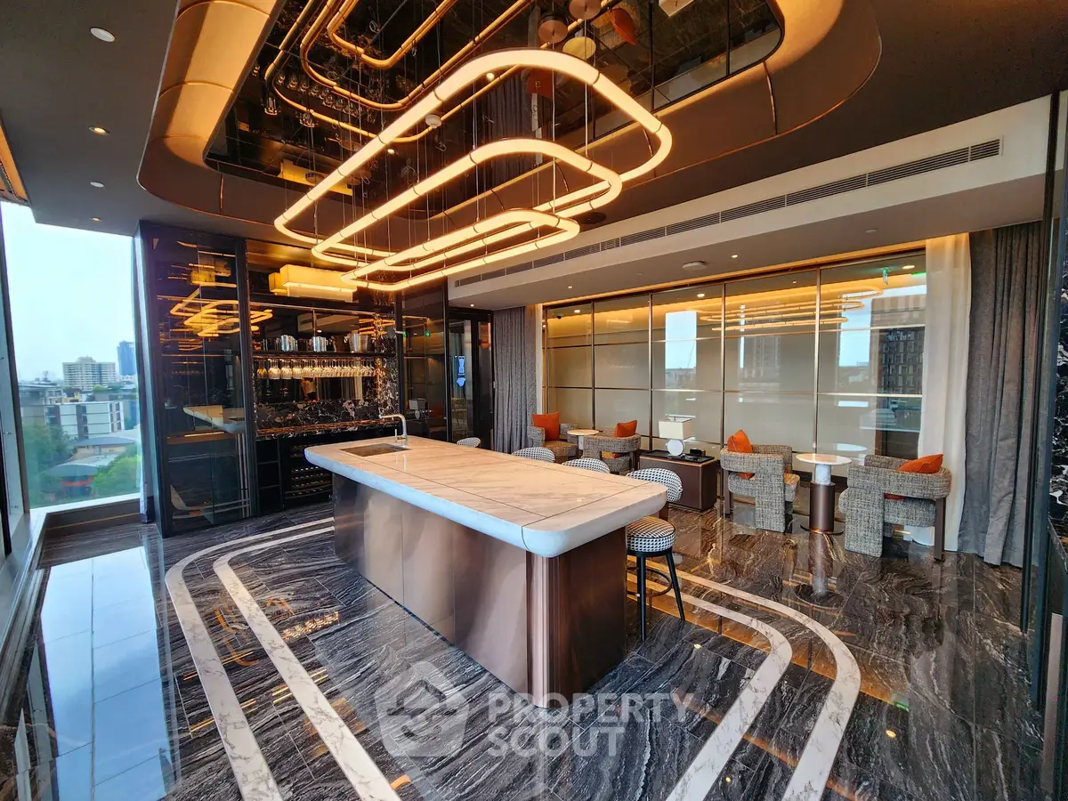 Luxurious modern living room with stunning city view and elegant lighting