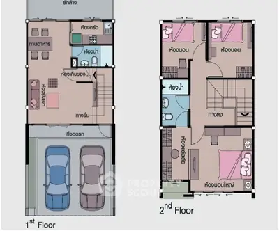 Modern two-story house floor plan with spacious layout and parking for two cars.