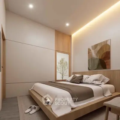 Modern bedroom with minimalist design and cozy lighting