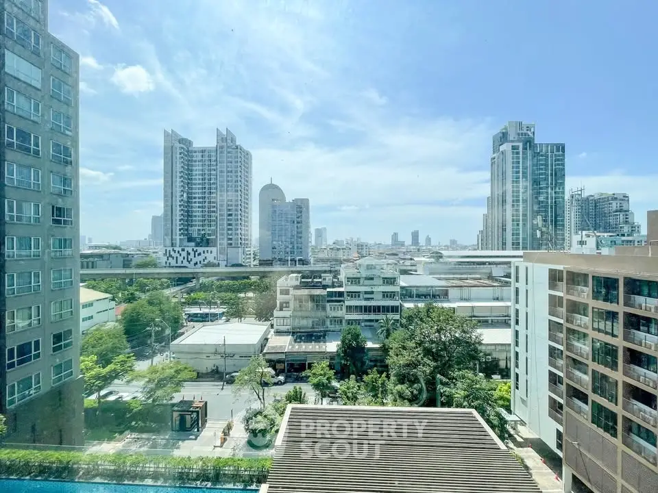 Stunning cityscape view from high-rise building with clear blue sky