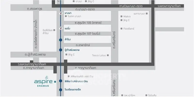 Map showing location of Aspire Erawan with nearby amenities and roads.