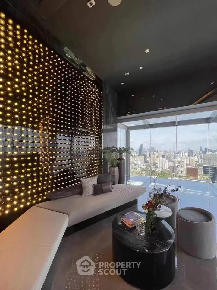 Luxurious modern living room with stunning city view and elegant lighting