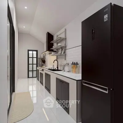 Sleek modern kitchen with black appliances and minimalist design in a narrow layout.