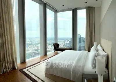 Luxurious bedroom with panoramic city view in high-rise apartment