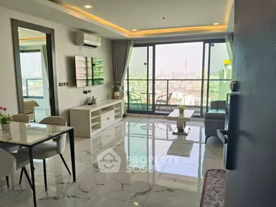 Modern living room with city view and spacious balcony in luxury apartment