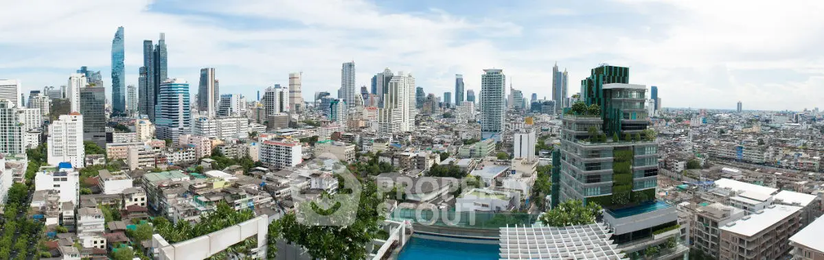 Stunning panoramic cityscape view with modern skyscrapers and lush greenery, perfect for urban living enthusiasts.