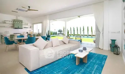 Spacious open-plan living room with modern kitchen and garden view, featuring stylish decor and ample natural light.