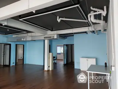 Spacious commercial space with high ceilings, exposed ductwork, and dark hardwood floors, ideal for a trendy office or studio.