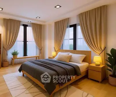 Spacious modern bedroom with elegant decor and natural light