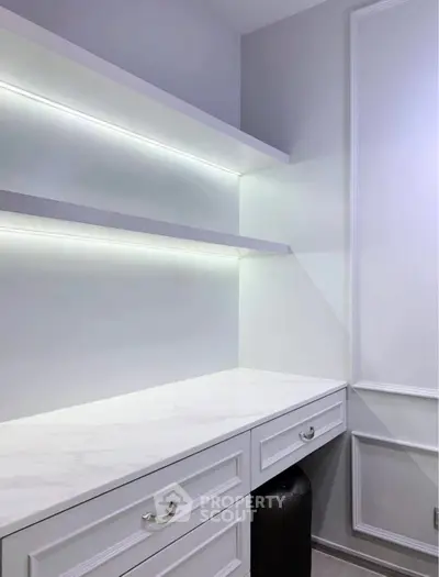 Modern minimalist study with sleek white shelves and drawers